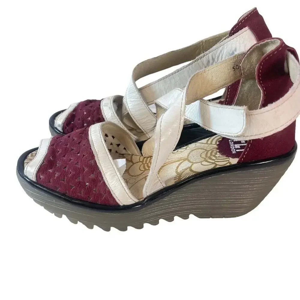 Fly London Womens Ynes Wedge Sandals Perforated Leather Comfort EU 37
